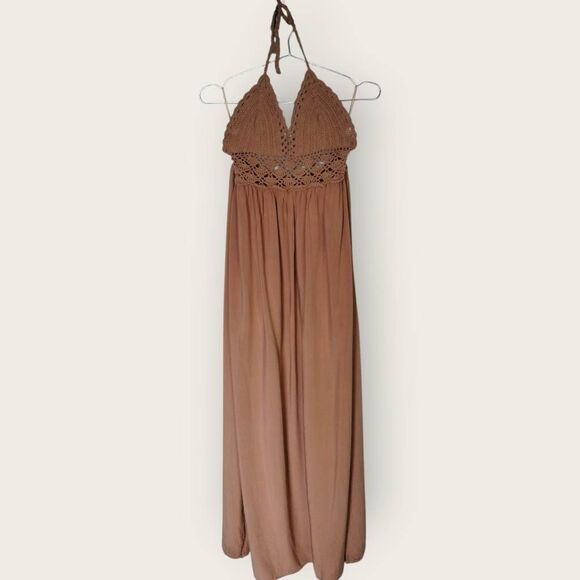 Lilbetter Womens Jrs‎ Dress Beach Crochet Brown Boho Party Strappy Summer Maxi - Picture 1 of 15